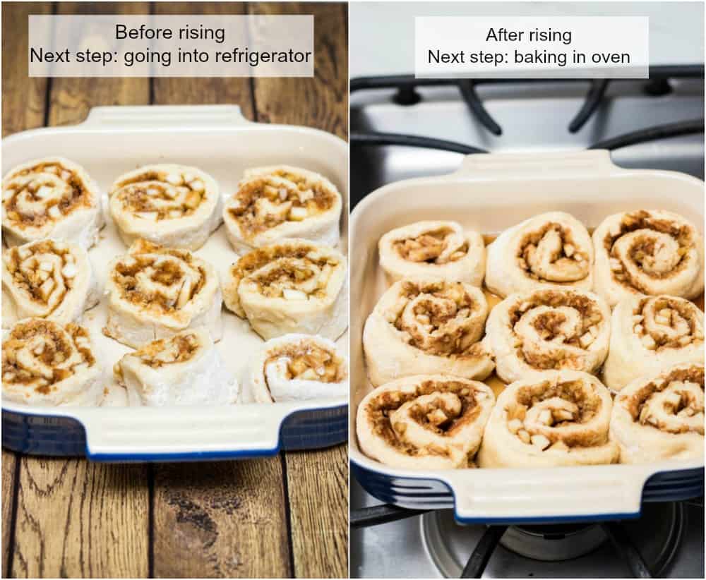 Collage image of cinnamon rolls in a baking dish, before rising and after rising