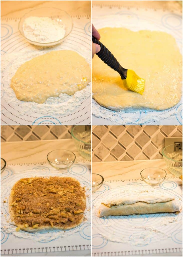 Collage image of dough preparation for apple cinnamon rolls with filling. 
