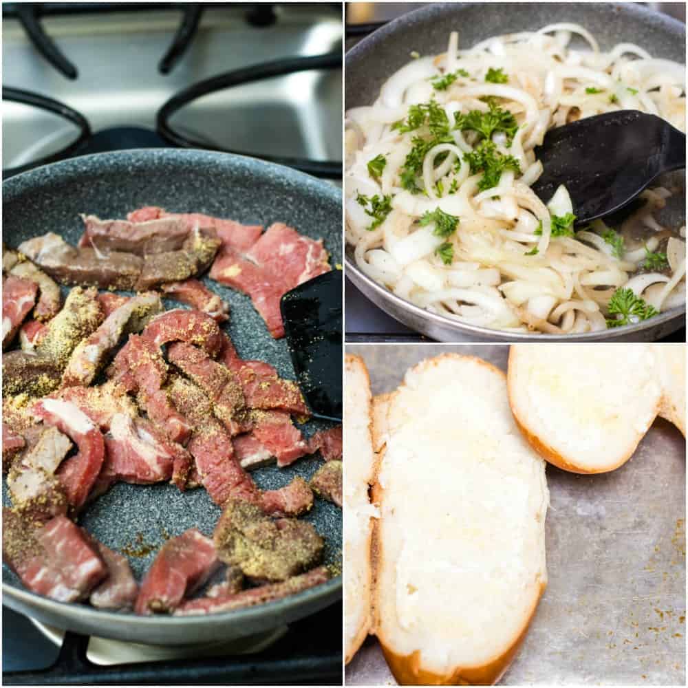 Collage of steak pieces in pan, sliced onions and parsley in pan and buttered hoagie buns. 