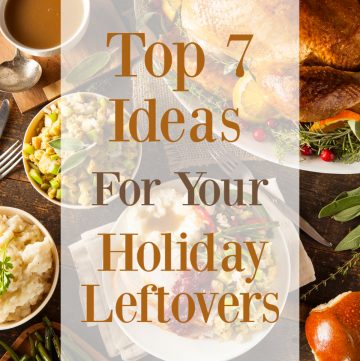Image of Thanksgiving meal in serving dishes with text overlay on image.