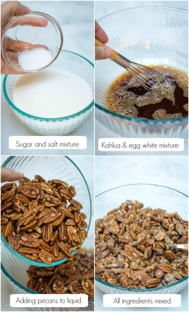 Collage image of ingredients in stages being mixed for Kahlua sugared pecans recipe