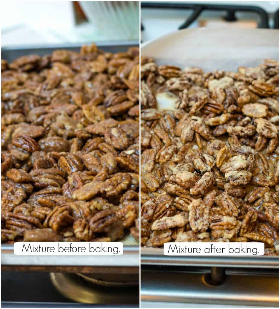 Collage image of Kahlua sugared pecans recipe before baking and at end of baking.
