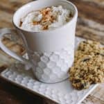 white mug with whipped cream and cinnamon sprinkled on top with oatmeal cookies on side plate