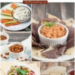 collage image of different dips and snacks with text at top
