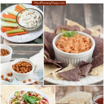 collage image of different dips and snacks with text at top