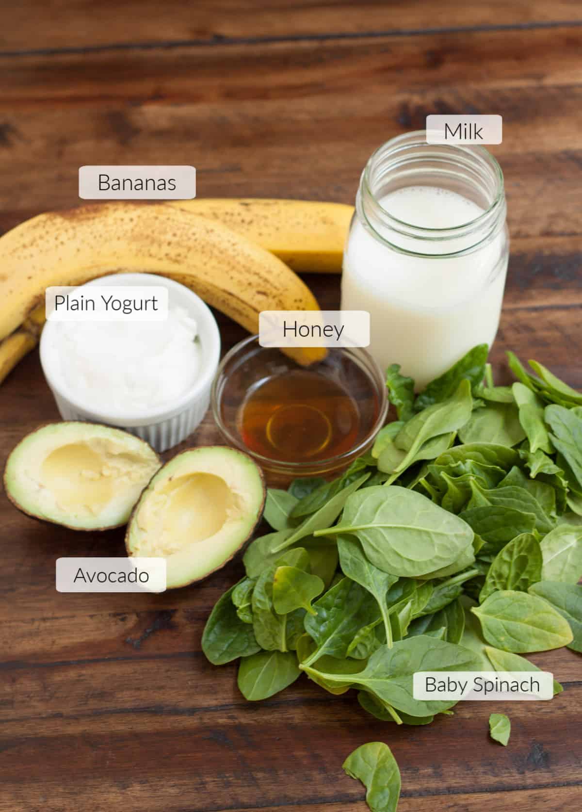 Ingredients for a Banana Spinach Avocado smoothie with labels for each.