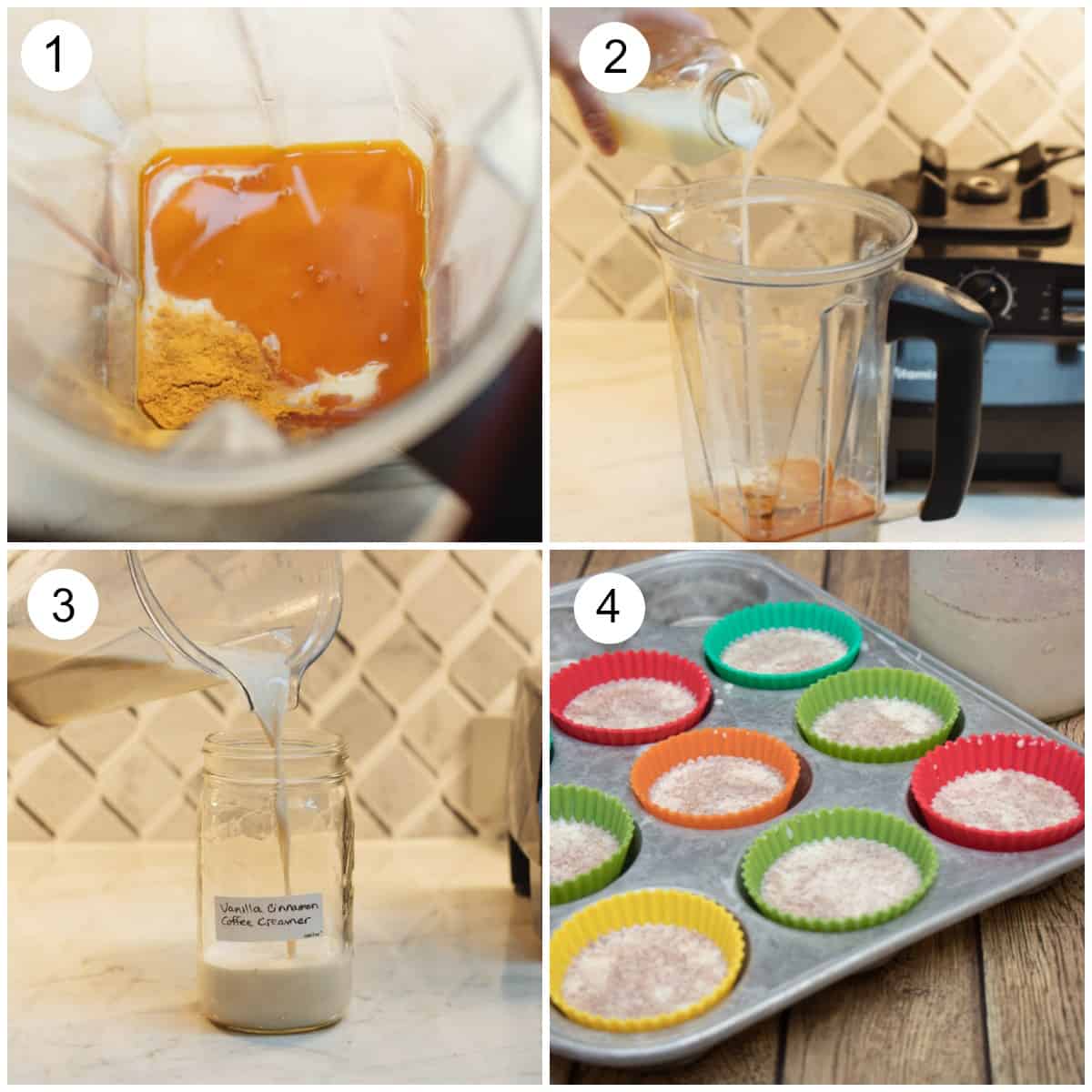 Collage image of each step making Cinnamon Vanilla Creamer in blender and make ahead options. 