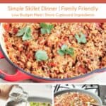 Collage image of Spanish Rice with Ground Beef done and in process photos with text overlay.