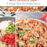 Collage image of Spanish Rice with Ground Beef - process and final photos, with text overlay