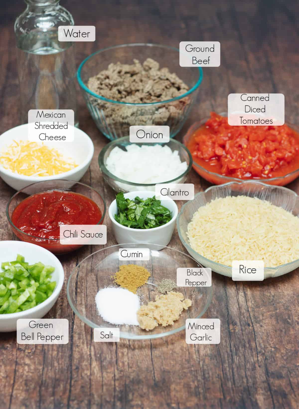 Ingredients in bowls for Spanish Rice with Ground Beef with labels for each. 