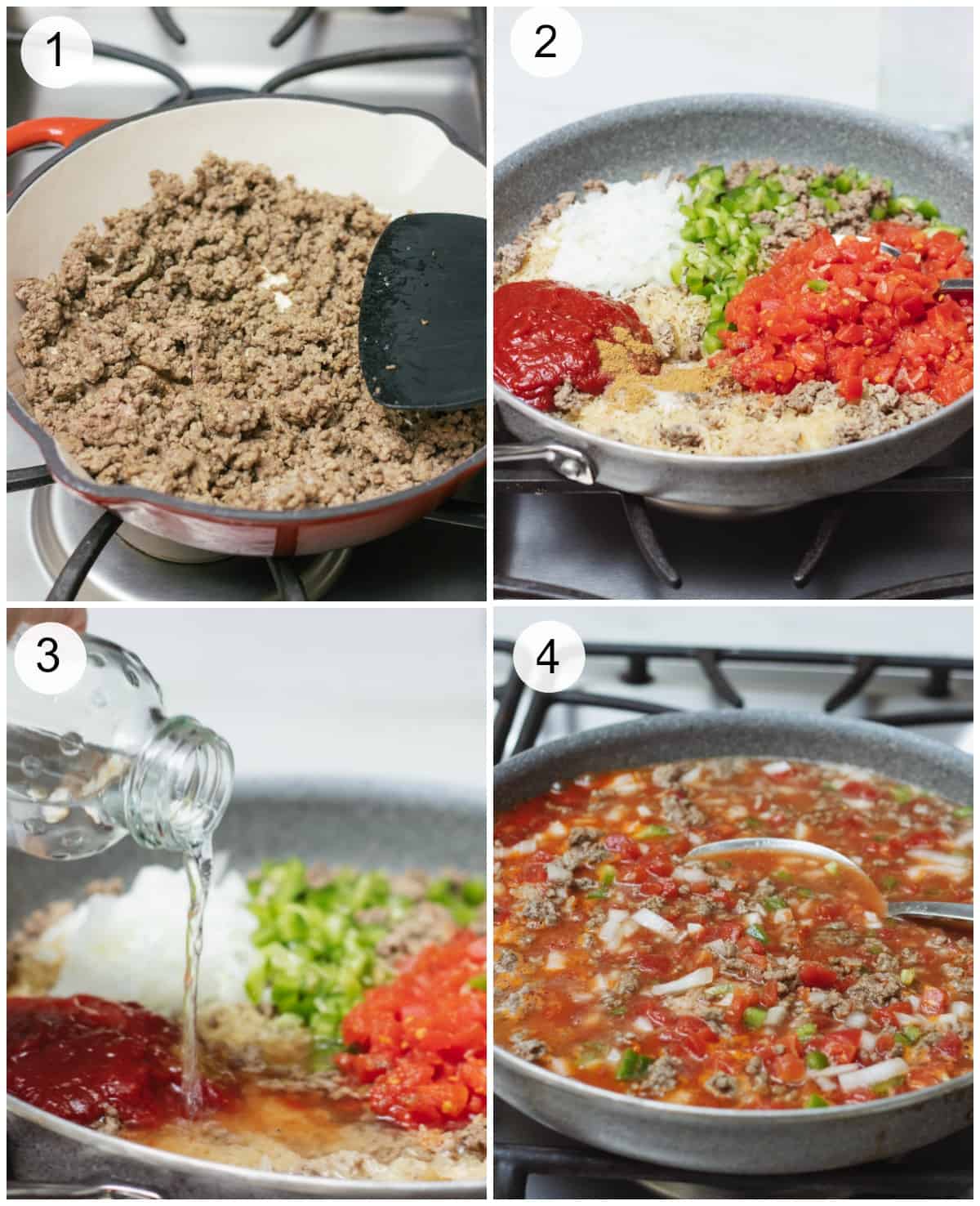 Collage of numbered step-by-step images for cooking Spanish Rice with Ground Beef