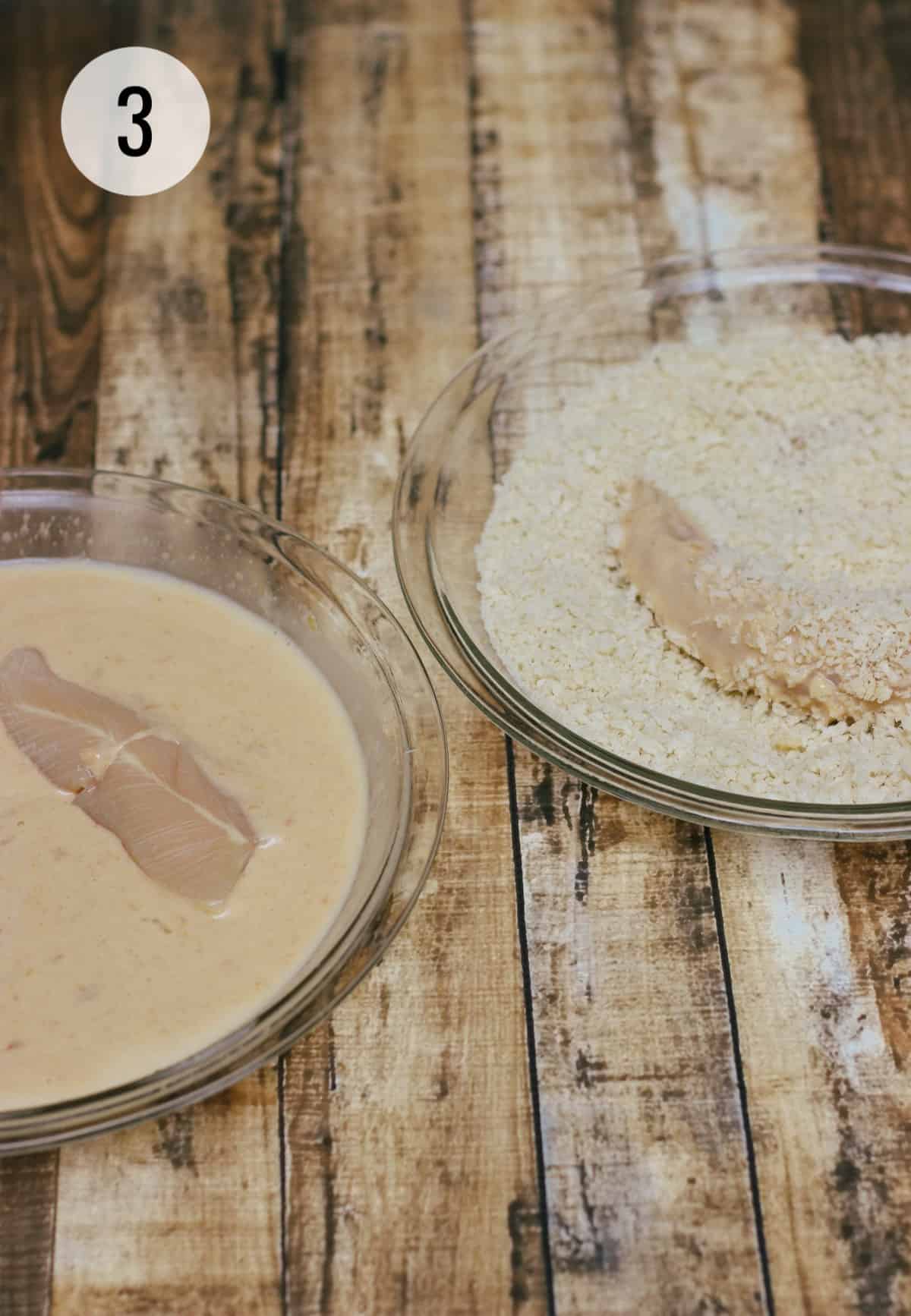 Two pie plates with peanut butter coconut milk mixture and Panko breadcrumb mixture with chicken tenders dipping. 