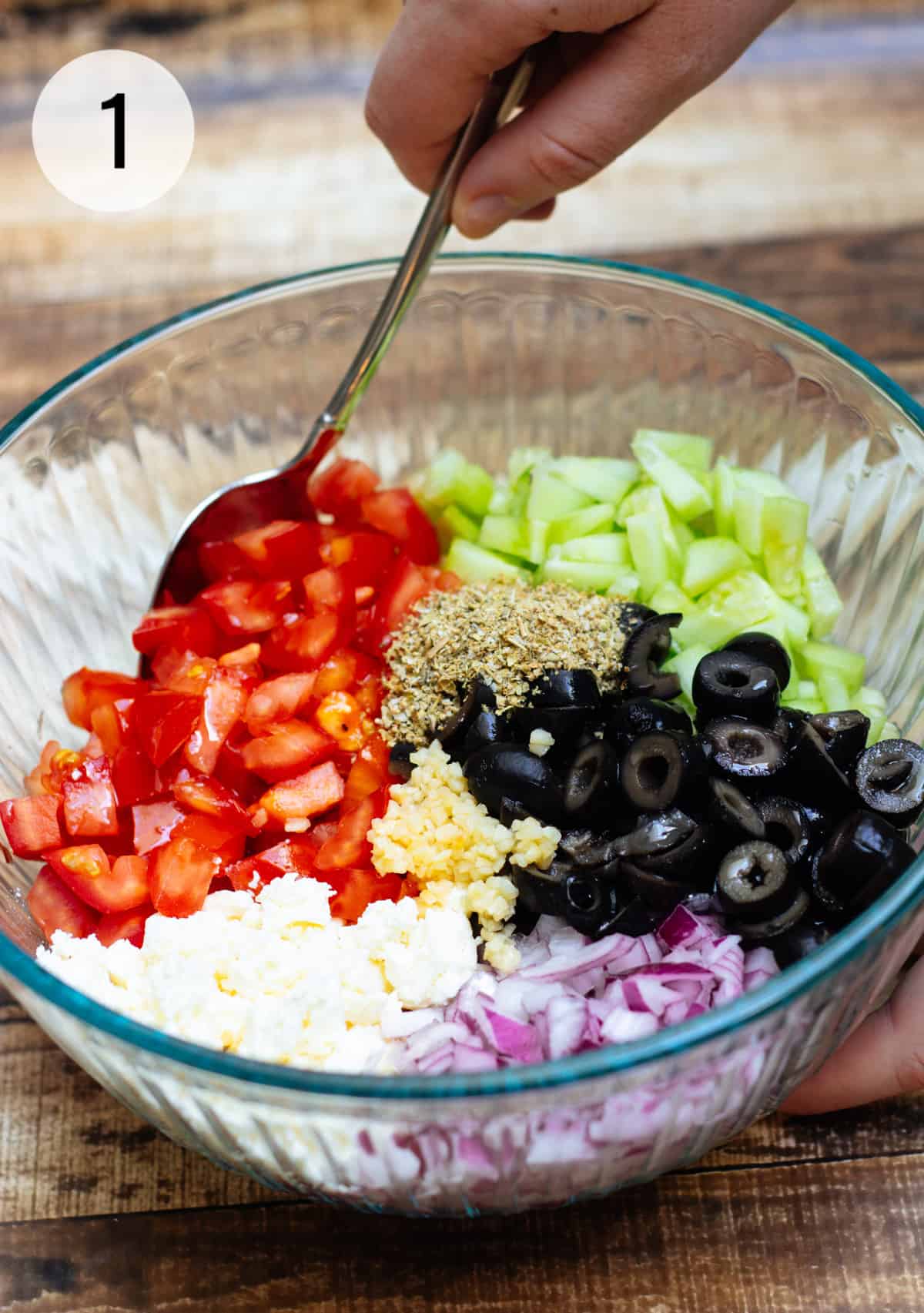 Glass bowl with tomatoes, cucumbers, black olives, purple onion, feta cheese, minced garlic and Greek herbs.