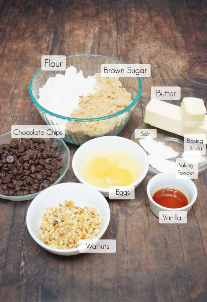 Labeled ingredients in bowls to make blondie bars with chocolate chips. 