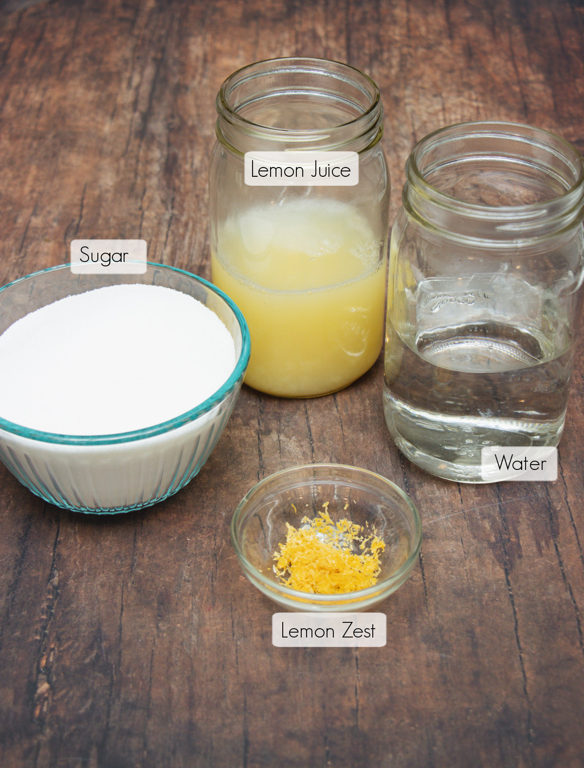 Labeled ingredients to make homemade lemonade concentrate.