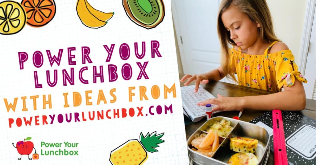 Promotional image for PowerYourLuncbox on left and girl working on computer with lunch on right image.