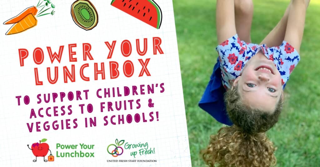 Promotional image with text for PowerYourLunchbox campaign on left and photo of girl hanging upside down on right.