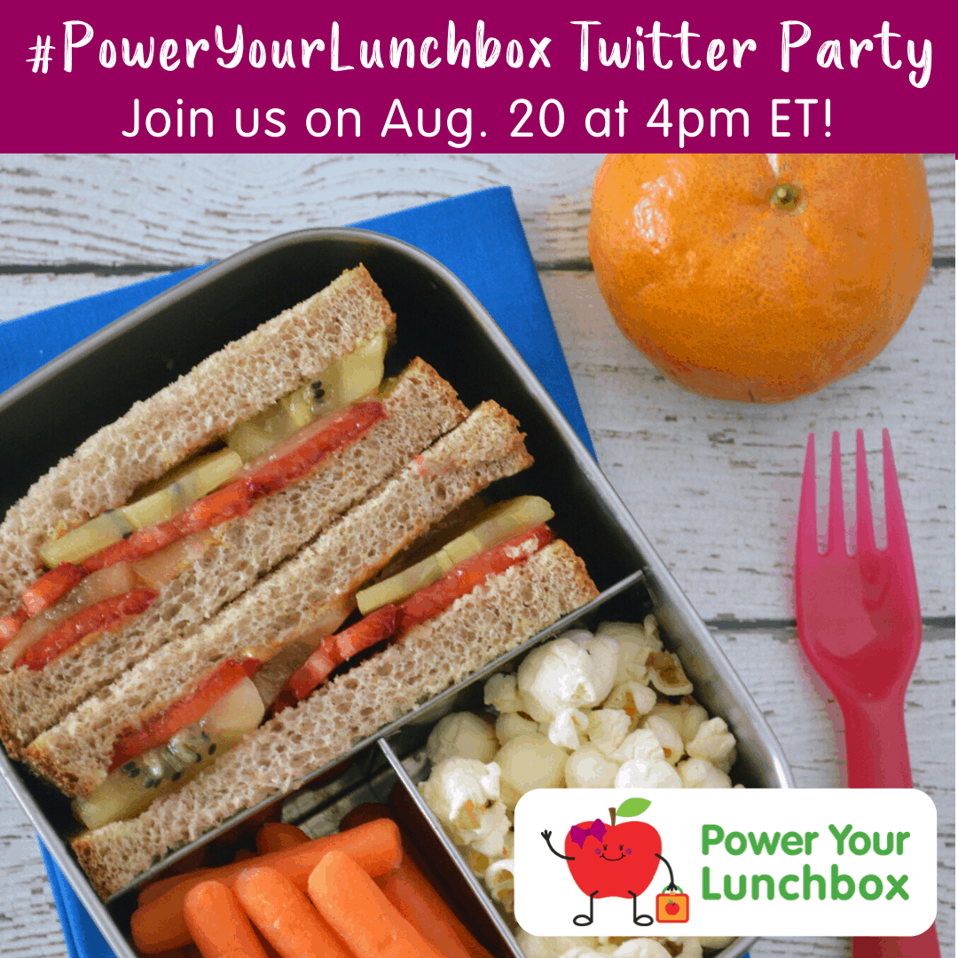 Image with text bar at top and divided lunchbox with sandwich, carrots, popcorn and orange at top