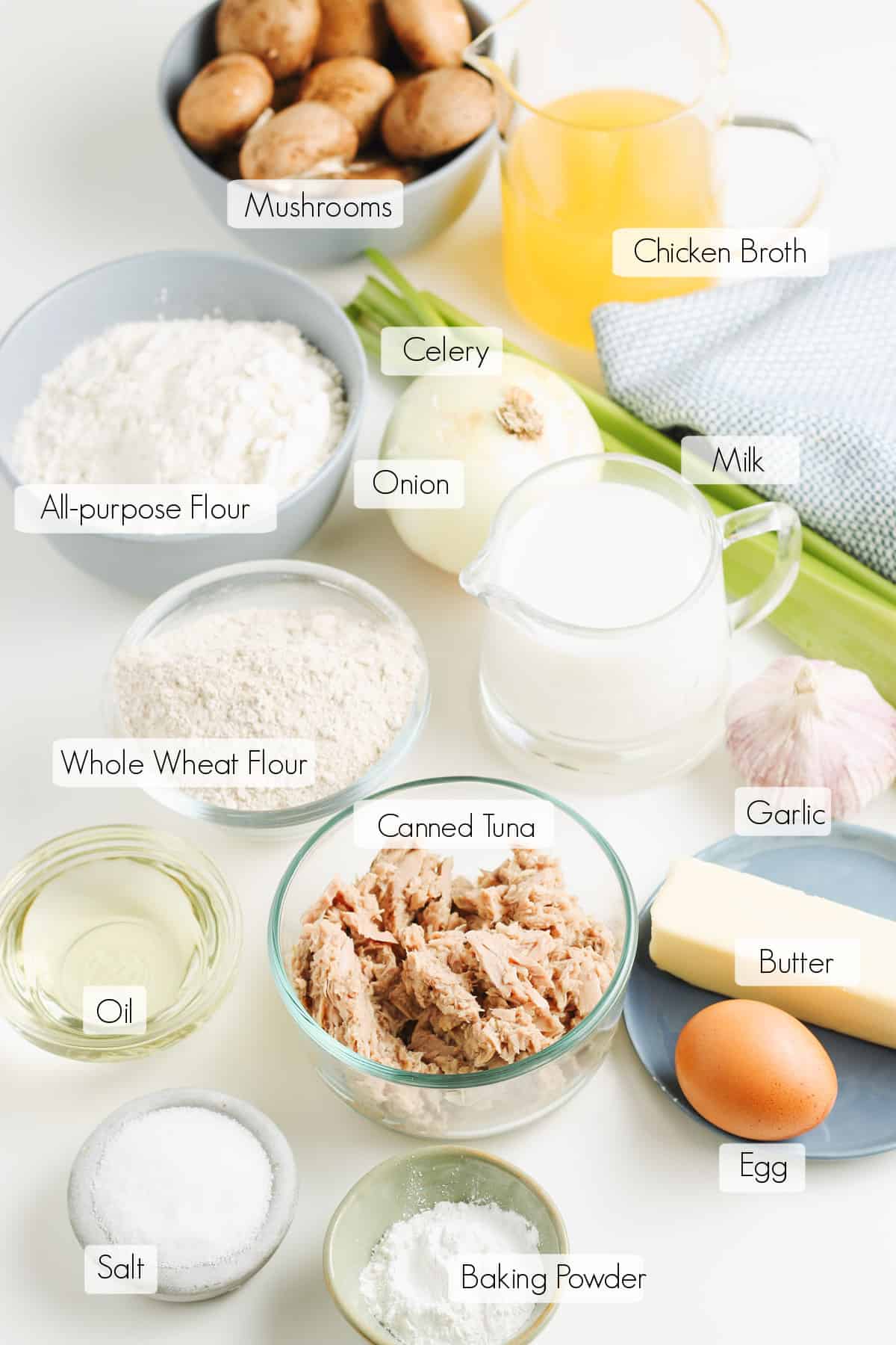 Labeled ingredients to make tuna biscuit pockets with creamy mushroom gravy. 