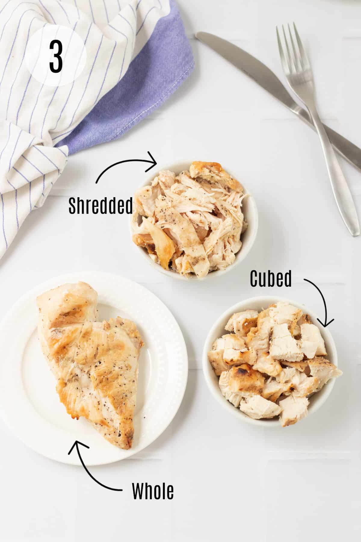 White bowls and plate with whole, shredded and cubed chicken (labeled) and white and blue towel and silver knife and fork in upper background. 