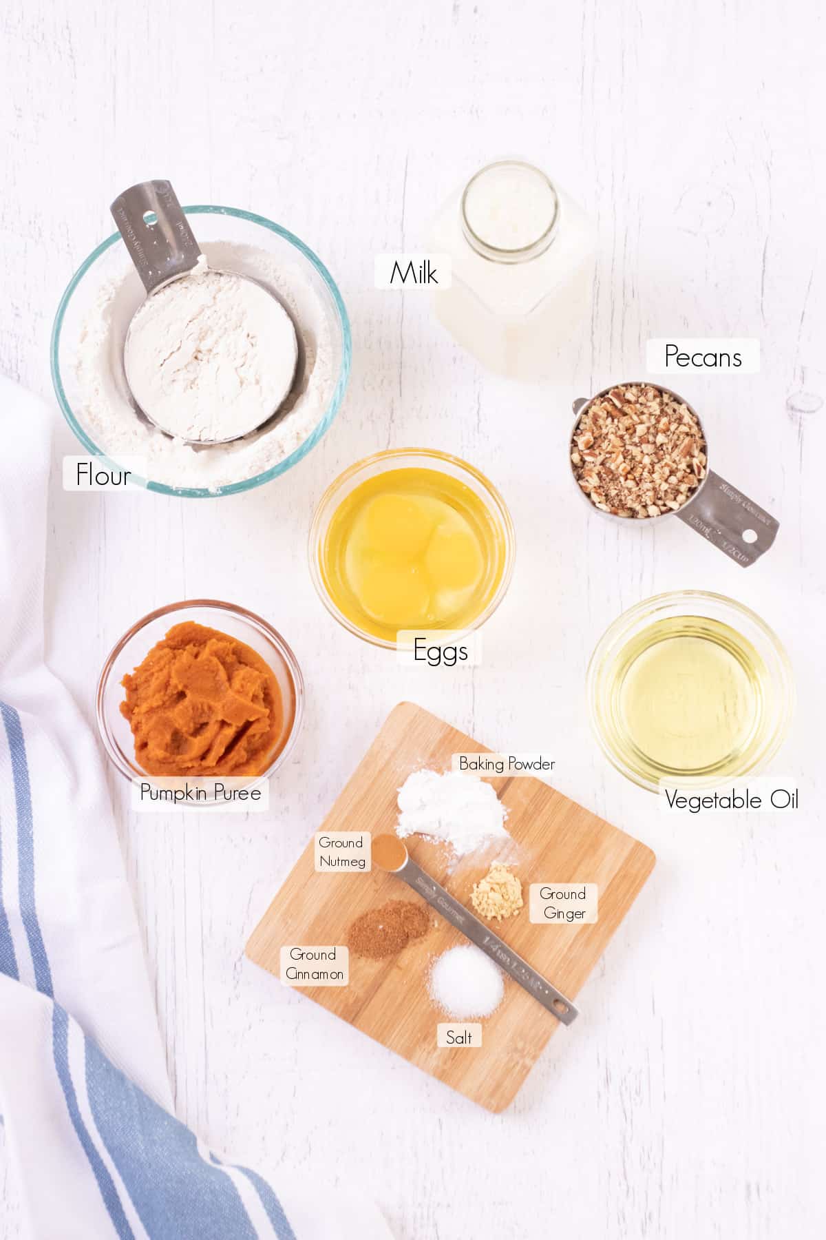 Labeled ingredients to make Healthy Pumpkin Waffles. 