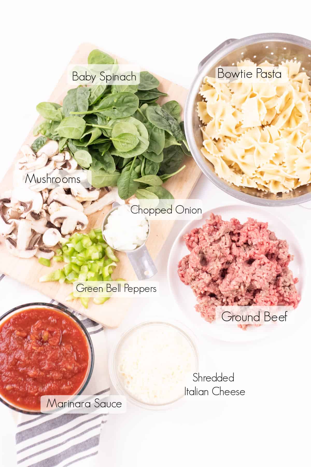 Labeled ingredients to make skillet stovetop lasagna.