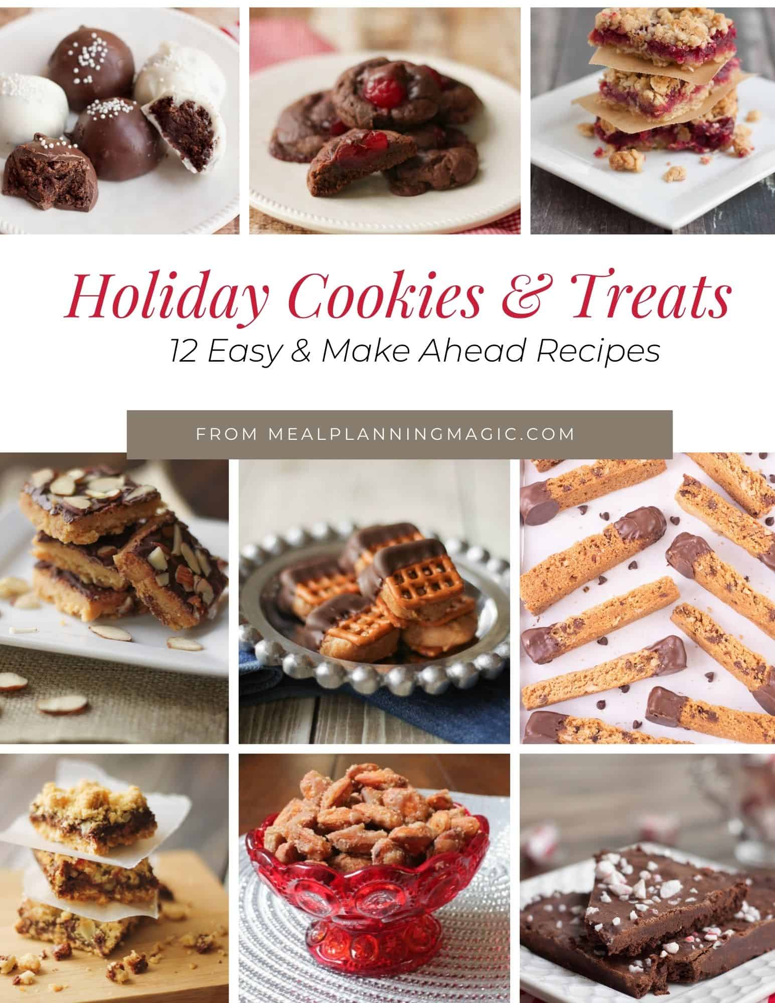 collage image of different cookies and sweet nuts for holiday ebook with text overlay in middle