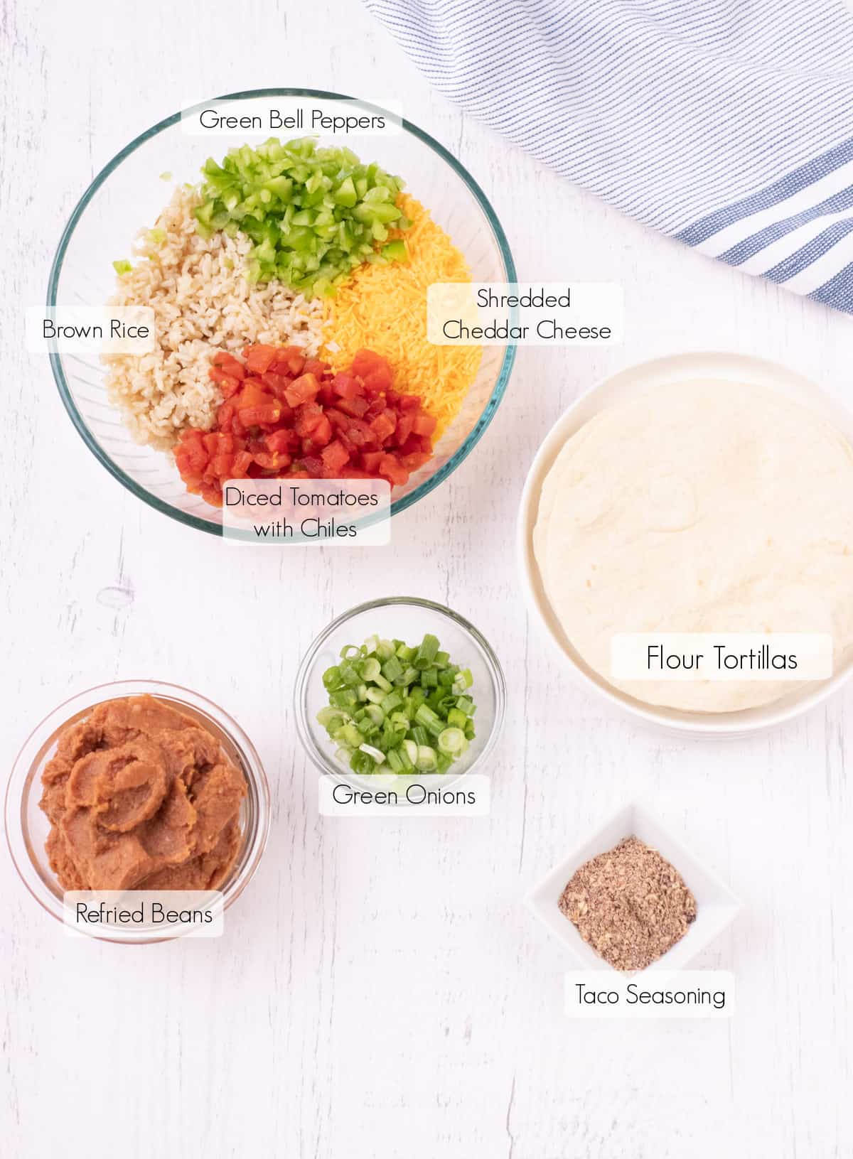 Labeled ingredients for making easy burrito bites. 