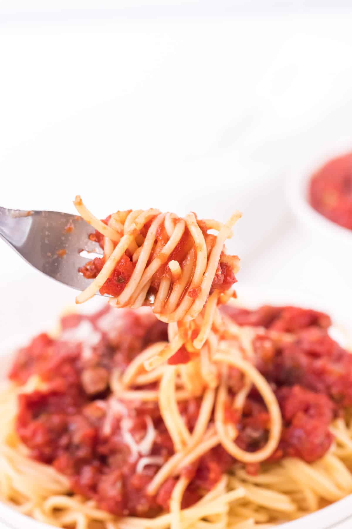 Fork wrapped with spaghetti and meat sauce and bowlful of it below. 