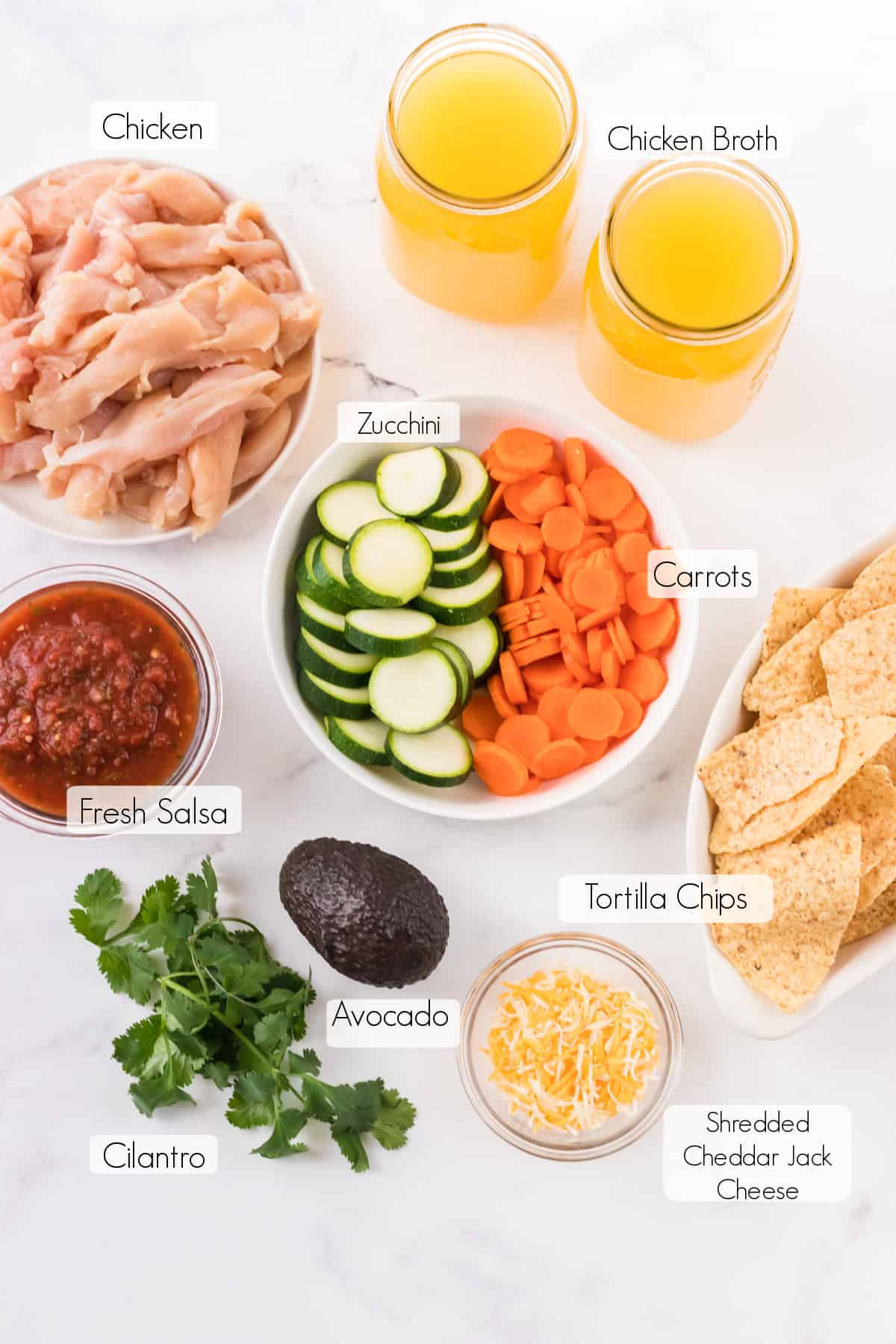 Labeled ingredients for Easy Chicken Tortilla soup recipe.