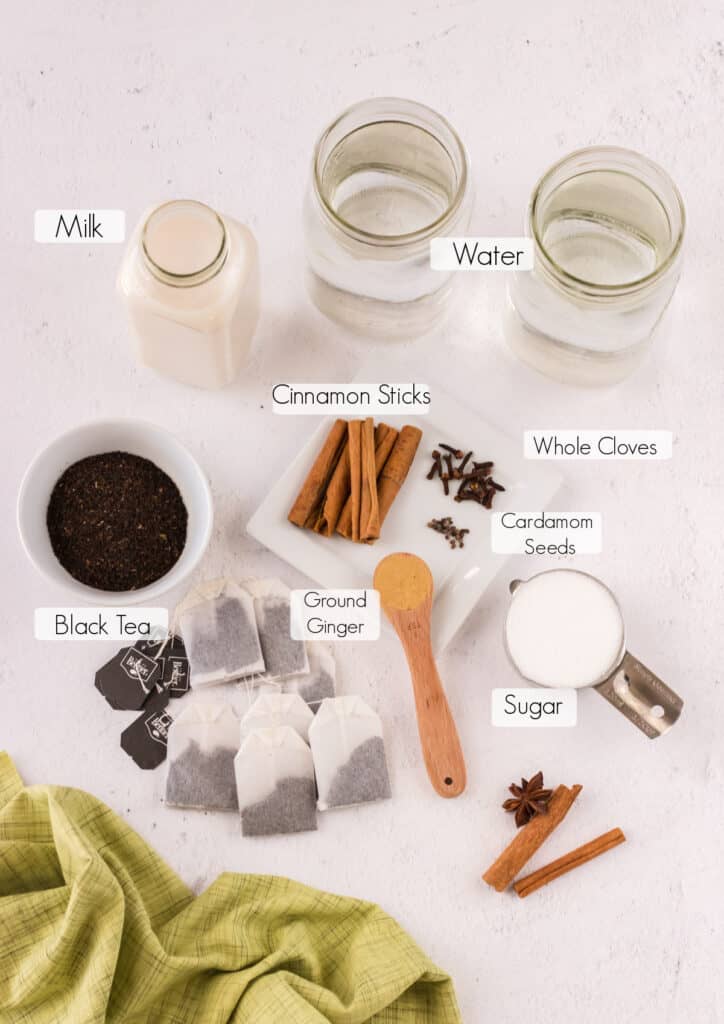 Labeled ingredients to make homemade chai latte. 