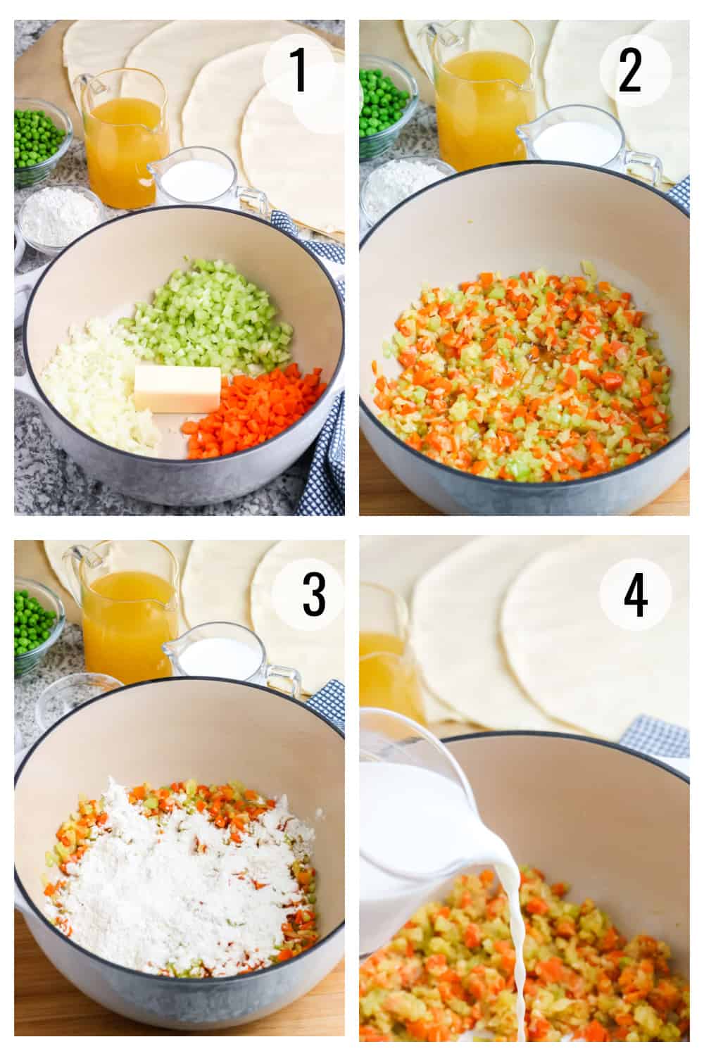 Numbered collage image showing celery, carrots, onions, butter, flour and milk mixed together to make chicken pot pie filling.
