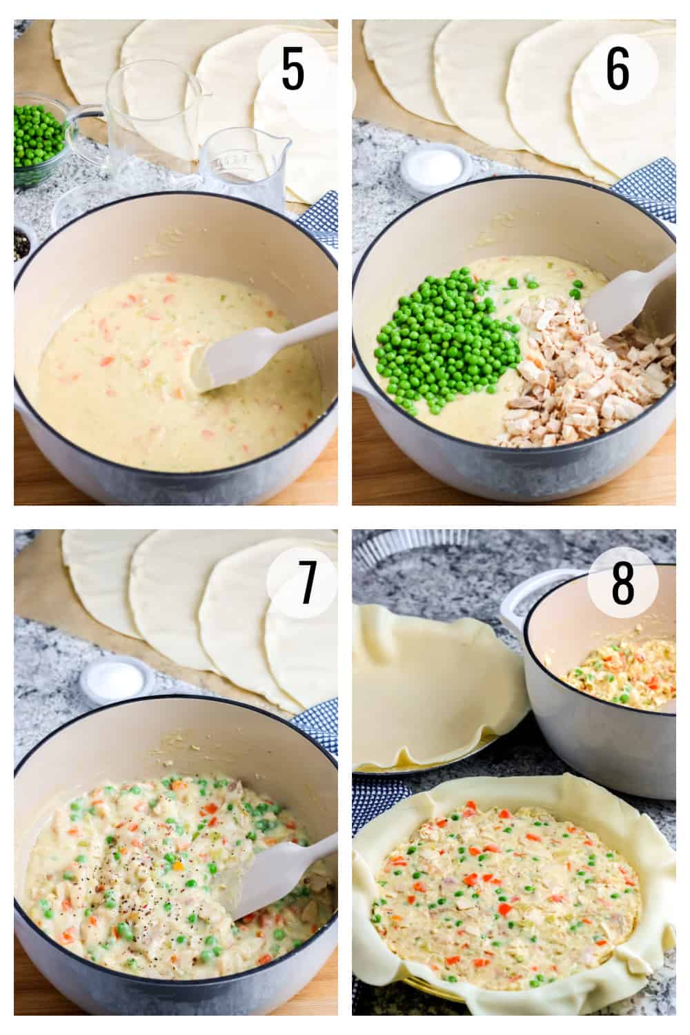 Numbered collage image showing creamy filling for chicken pot pie with addition of peas and cooked chicken then filling pie crusts to bake. 