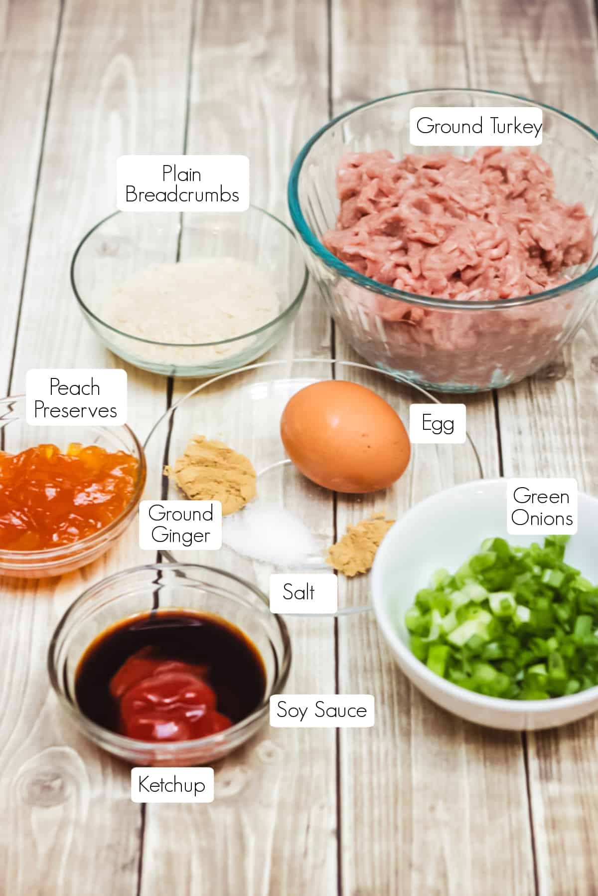 Image of labeled ingredients for ground turkey meatballs with ginger peach sauce.