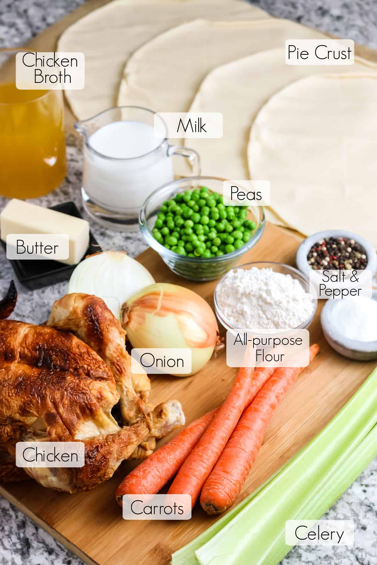 Labeled ingredients needed to make homemade chicken pot pie.