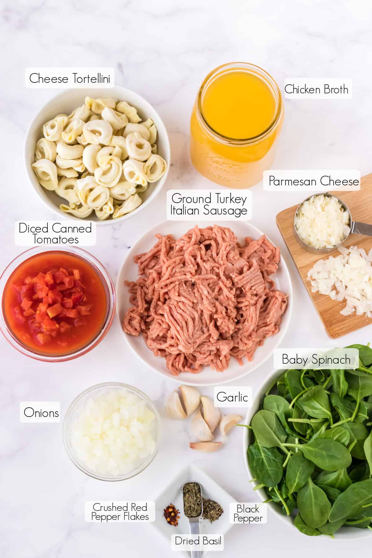 Labeled ingredients to make Italian Sausage Tortellini Soup.