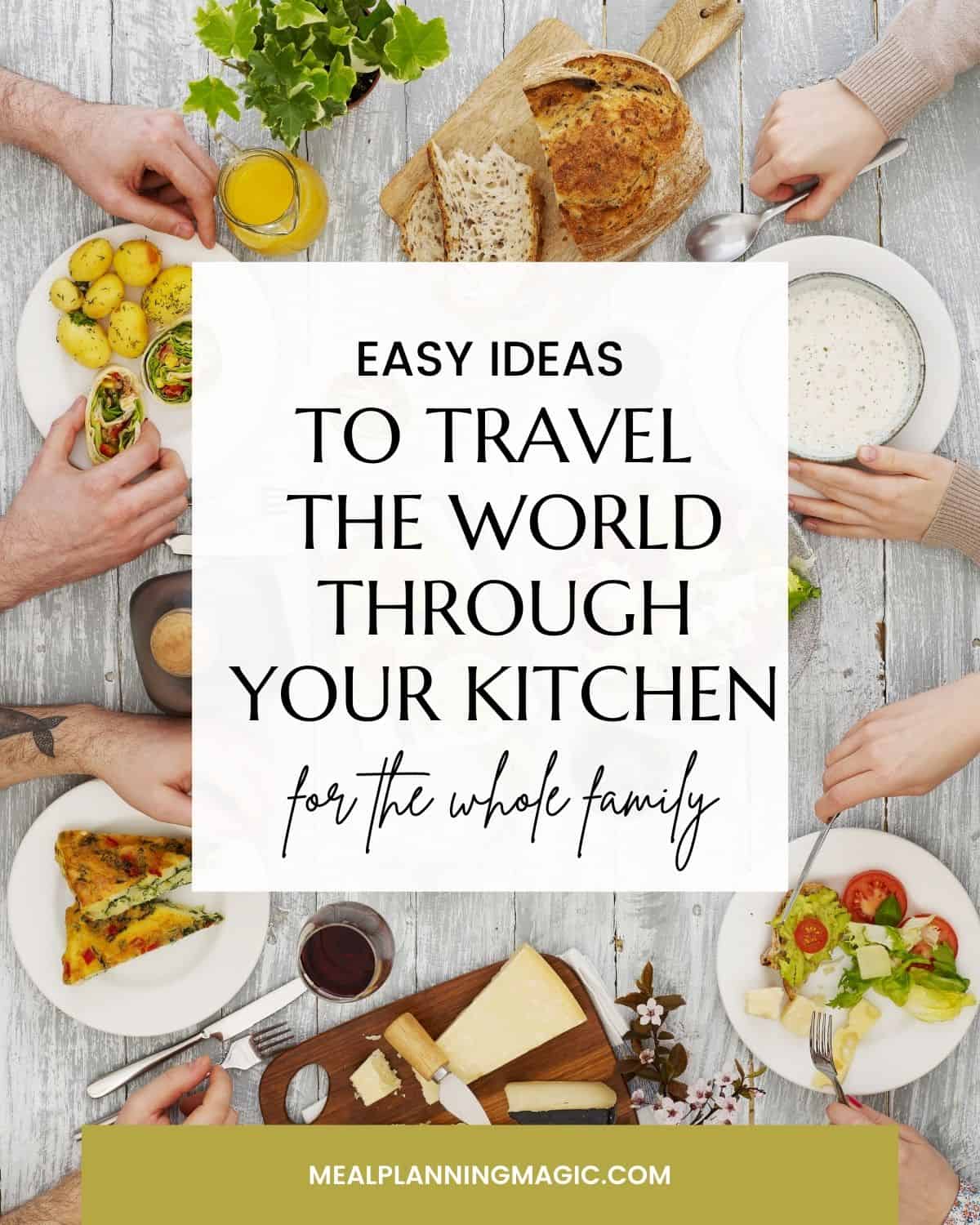 dinner table setting with food and people's hands and arms eating the food and text overlay
