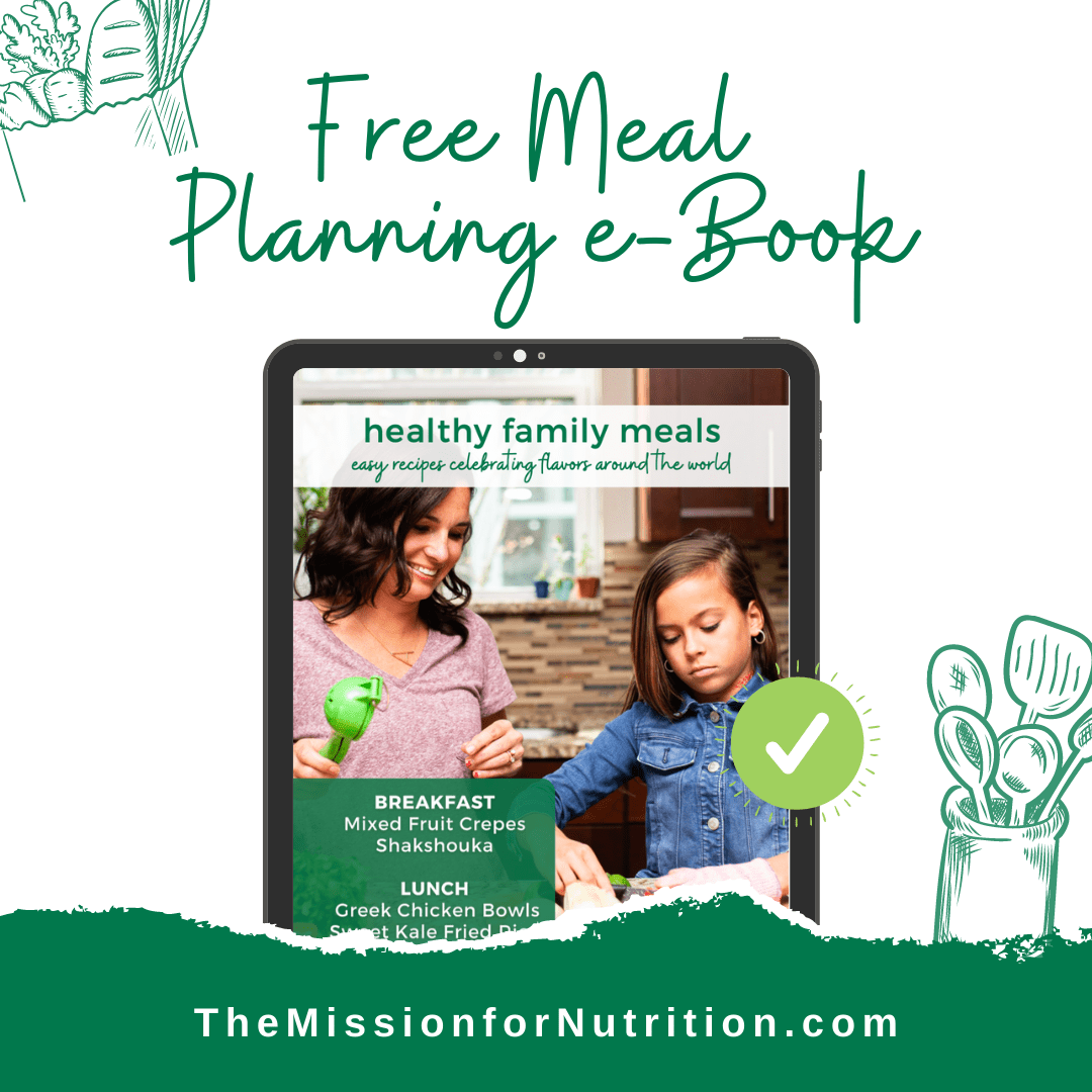 image of woman and girl cooking with text overlay for ebook from Mission for Nutrition promotion